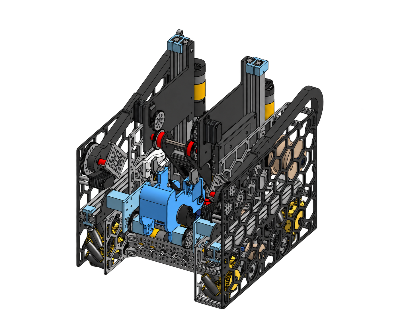 INTO THE DEEP robot CAD: dual vertical slides, horizontal extension, and a swiveling powered intake integrated into a compact drivetrain.