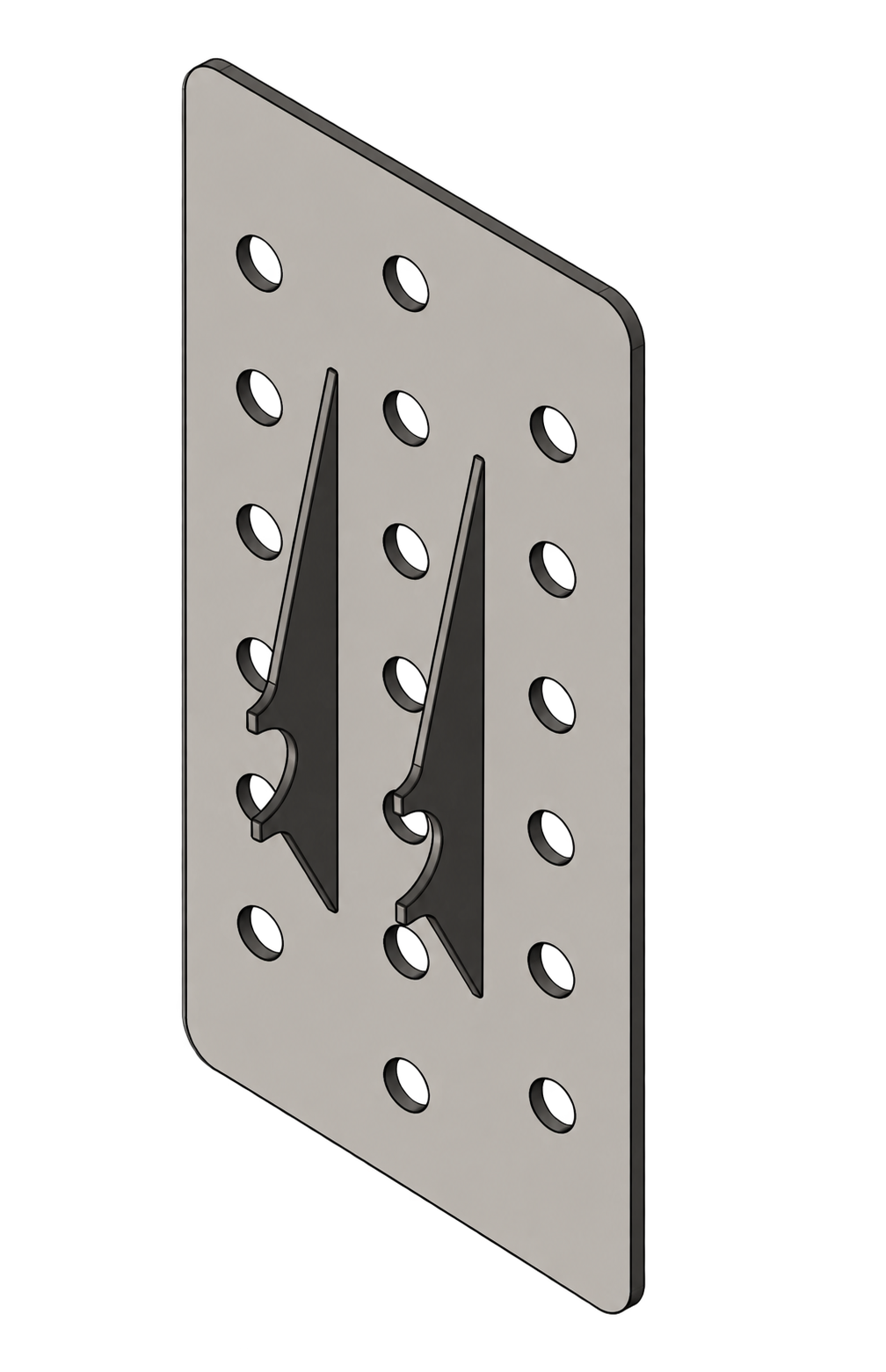 Isometric CAD view of the headrest backplate with a hole pattern and two projecting reinforcement features.