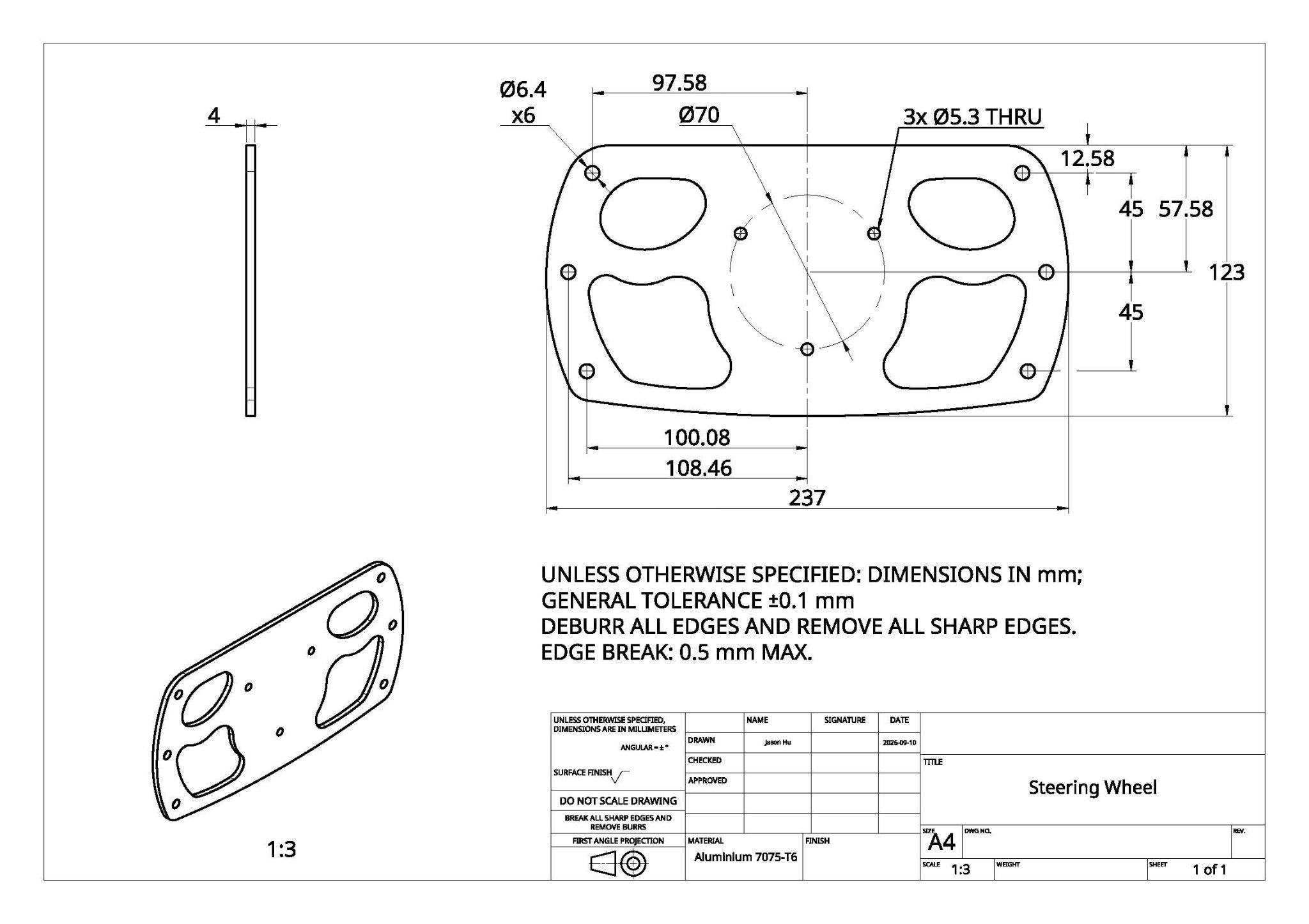 Dimensioned engineering drawing of the steering wheel plate